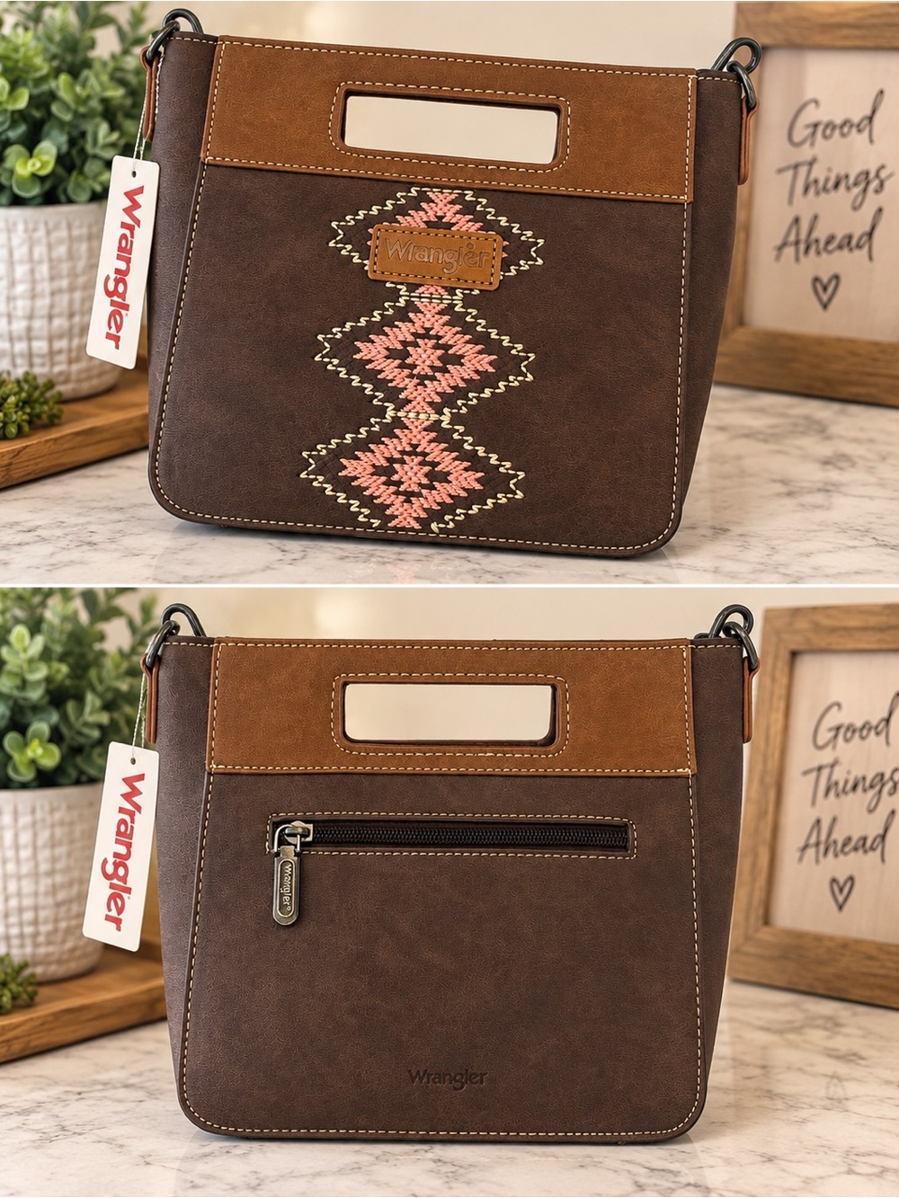 Wrangler Brown Crossbody Bag with Pink Embroidery